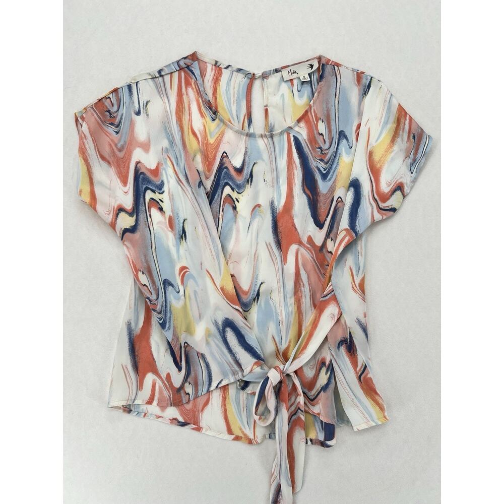 Maven Multicolor Abstract Tie Front Short Sleeve Satin Blouse S